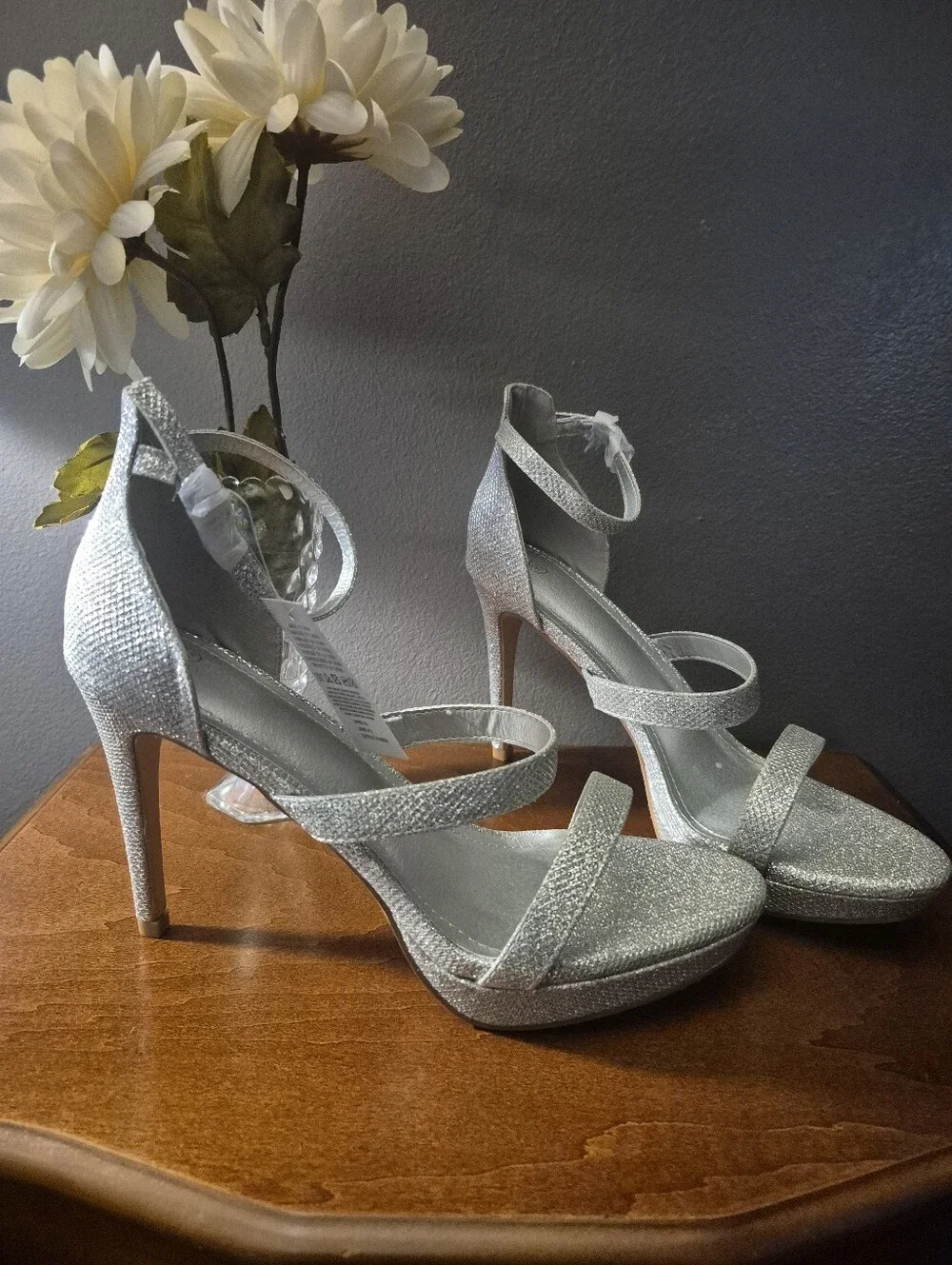 Silver Glitter Ankle-Strap Stiletto Heels
